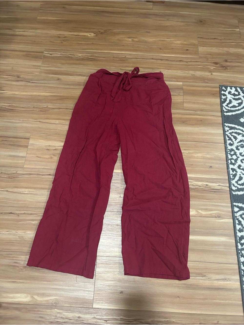 Bohemian Wide-Leg Tie Waist Pants Burgundy Causal Fit